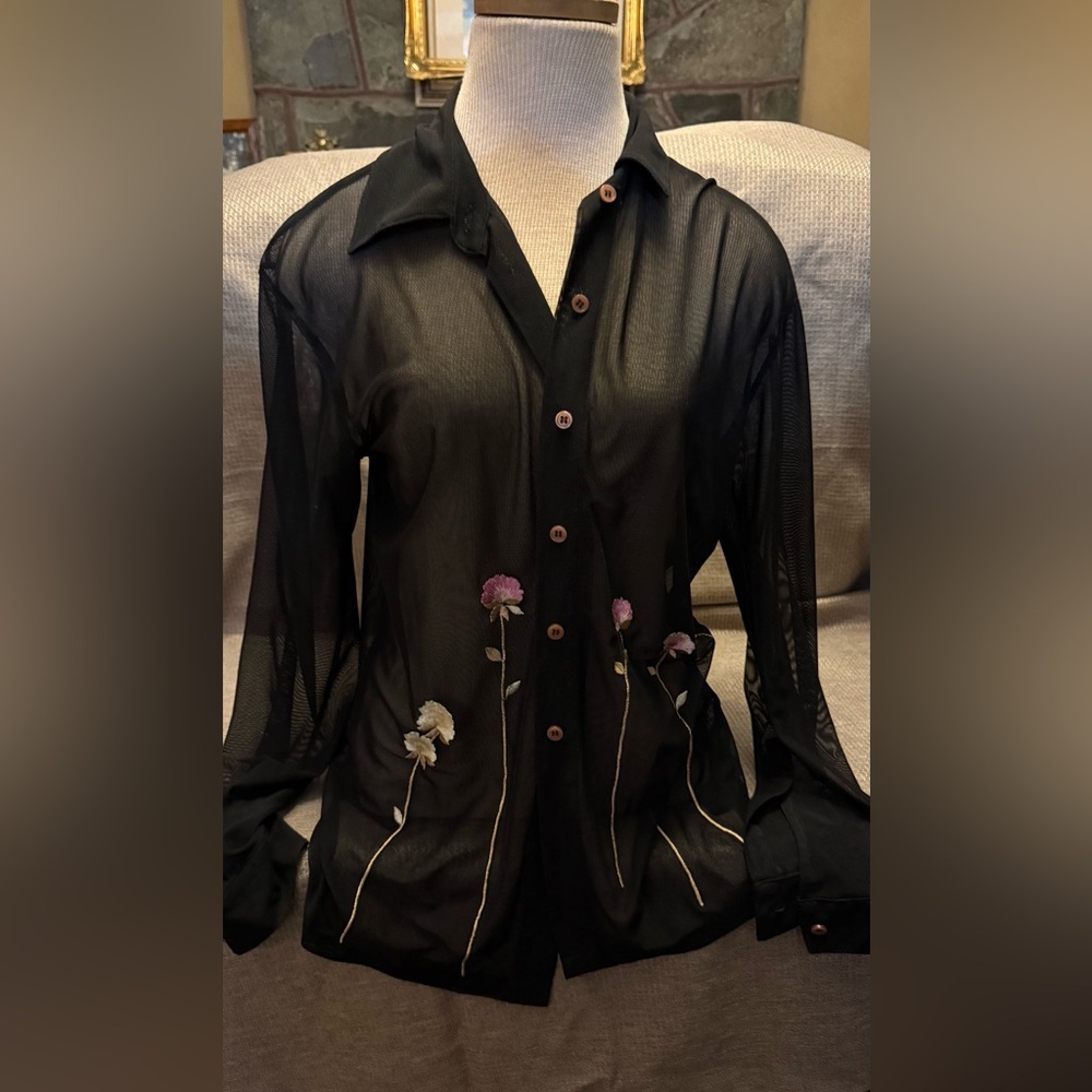 Black Sheer Floral Embroidered Blouse